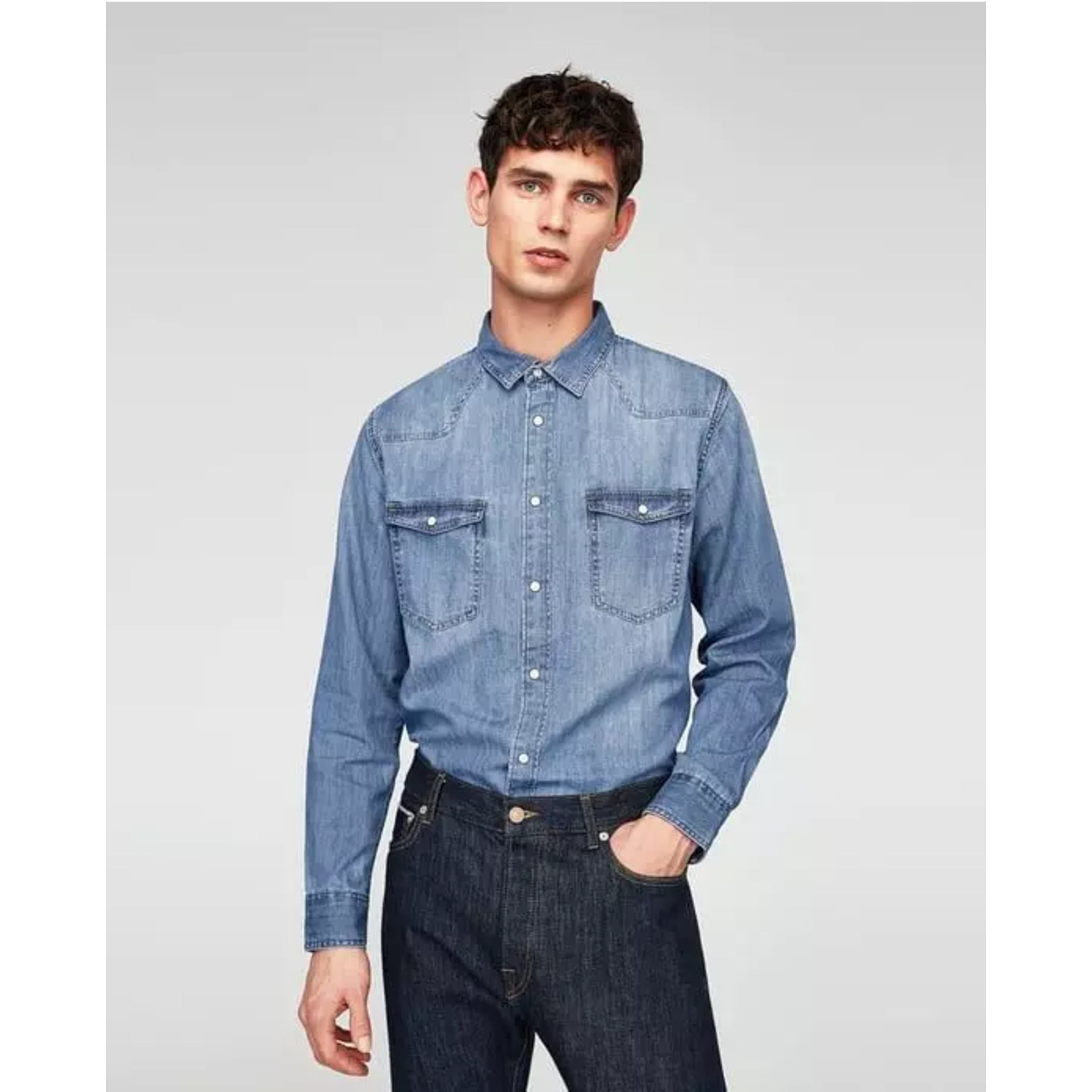 Men's ex store high quality denim shirt in classic blue with button front and chest pockets